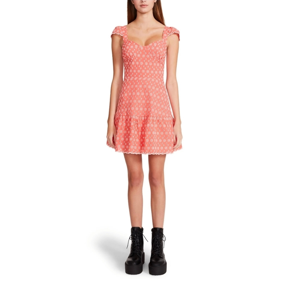 Betsey Johnson Y2K Ditsy Eyelet Bustier Coral Pink Baby Doll Dress Romantic Sz M - Picture 2 of 16